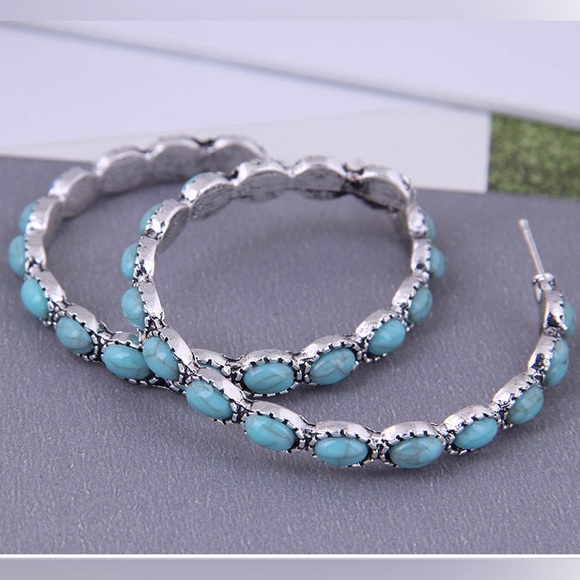 3/$18 Antique Silver and Turquoise Hoops - Picture 2 of 5